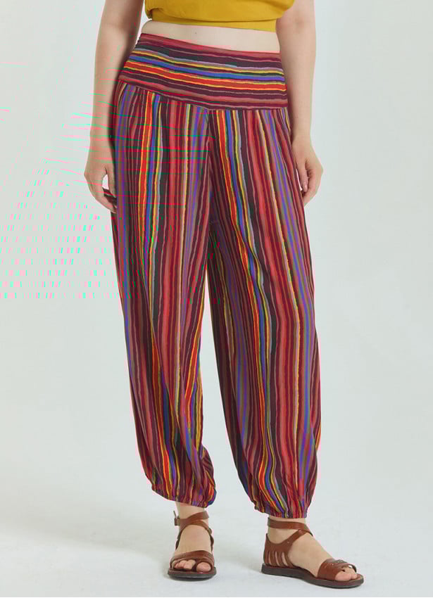 Elastic Waist Relaxed Cut Red Plus Size Trousers 4626